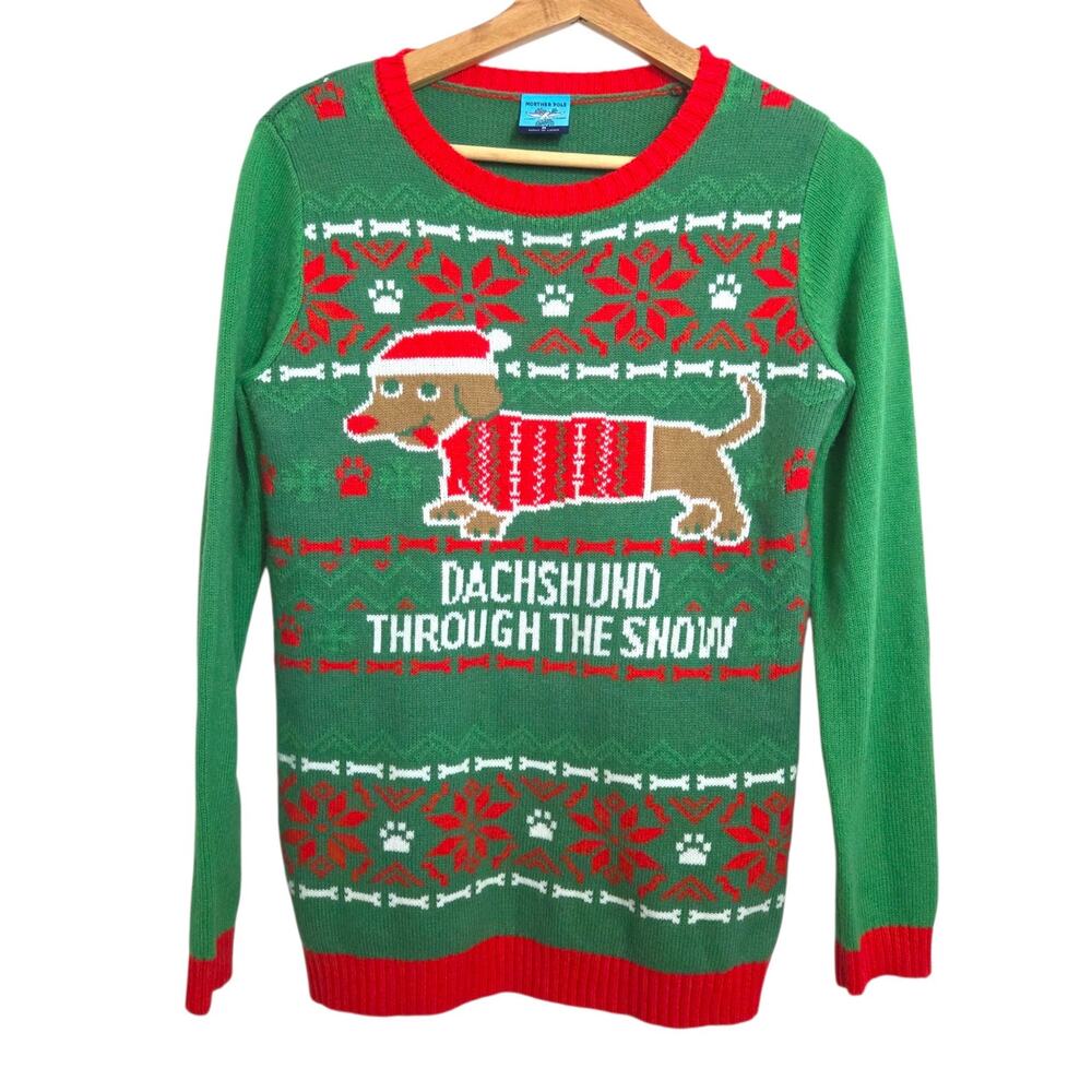 Norther Pole Funny Dachshund Through the Snow Wiener Dog Christmas Sweater MED